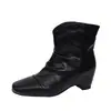 Outono Inverno 2026 Botas de Cano Longo com Salto Escondido de 6cm Femininas Botas de Salto Bloco Retrô Bico Quadrado Fivela de Cinto Botas Curtas Western Botas Emagrecedoras