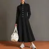 Tienda independiente de deseos: Colección transfronteriza europea y americana otoño/invierno - elegante vestido de manga larga, abotonado, con cuello alto, cintura entallada y falda larga fluida