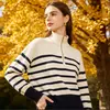 Suéter de Tricô Listrado Feminino com Gola Alta e Zíper Parcial, Casual de Caimento Solto, Pulôver Color Block de Manga Longa, Em Estoque 5536032