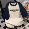 Camiseta de Manga Corta con Costuras de Color Contrastante en el Hombro Derecho para Mujer Verano 2025 Cuello Redondo Casual Holgada Estilo Fresco Top Único