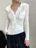 Camiseta de Punto de Manga Larga con Cuello Polo Solapa de Lino Symphony Yarn Aspecto Adelgazante para Mujer