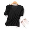Camiseta de punto de ramio de verano 2024, jersey holgado de manga corta con cuello en V para mujer, abrigo corto, cárdigan fino