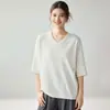 Suéter de cachemira para mujer con cuello en V y dobladillo enrollado, de manga corta, estilo jersey, color liso, corte holgado, casual, versátil, simple, tejido de punto para otoño/invierno