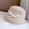 Estilo Francés Socialité Malla Cinta Capuchón de Lámpara Niños Otoño e Invierno Lana Australiana Topper Capucha Hilo de Cáñamo Lazo Sombrero de Fieltro Capucha de Cuenca