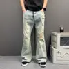 Jeans de Otoño Estilo Retro Americano Lavados Desgastados Rasgados para Hombre con Cremallera Holgados Rectos de Pierna Ancha Largo Hasta el Suelo Pantalones Estilo de Moda