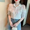 Blusa de Gasa Moderna de Hombros Descubiertos para Mujer 2026, Nuevo Estilo de Verano con Mangas Cortas Fruncidas, Top Elegante