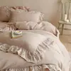 Juego de Cuatro Piezas de Algodón Lino Waffle Francés con Volantes de Encaje Funda Nórdica 100% Algodón Lino Ropa de Cama Femenina Apta para la Piel