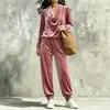 Otoño/Invierno 2026 Transfronterizo Amazon Nuevo Moda Europea y Americana para Mujer Conjunto Casual de Top de Manga Larga con Cuello Drapeado y Pantalones Jogger