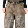Jeans para Hombre Jiayiku 2025 Nuevo Estilo High Street Americano Estilo Wasteland Lavado Pesado Salpicaduras de Tinta Pantalones Anchos Sueltos