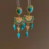 Pendientes Vintage de Estilo de Corte con Borlas de Gota Tachonadas de Diamantes Turquesa con Agujas de Plata 925, Presentando Colgantes de Oreja en Forma de Abanico de Turquesa Azul en Forma de Gota que Realzan el Blanco