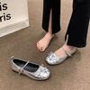 2025 Novo Prata Laço Sapatos Rasteiros de Bico Quadrado Francês Estilo Ballet Salto Baixo Fivela Mary Jane Solteiro
