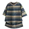 Camiseta de Algodón Pesado Rayada Tie-Dye para Hombre, Nuevo Estilo de Verano, Cuello Redondo, Top Casual Holgado de Manga Corta para Hombre
