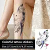 Pegatinas de tatuajes artísticas y coloridas con patrones de gato blanco de pelo largo y flor de peonía para decoración de pierna y cuerpo de niñas