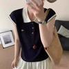Top de punto con cuello polo y bloques de color estilo francés para mujer, manga corta de verano, nuevo, con letra bordada, corte holgado, top con manga acampanada