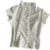 Camiseta Informal de Manga Corta de Color Sólido con Diseño de Doble Botonadura Estilo Japonés para Verano, Cuello Medio Alto, Corte Ajustado