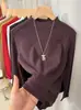 Camiseta de Manga Larga de Alta Calidad con Patrón de Espiga, Corte Ajustado, Cuello Alto Pequeño para Mujer, Top de Color Sólido Hermoso, Versátil y Único