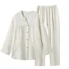 Pijama de Algodão Puro com Textura Plissada em Gaze Dupla, 60 Contagens, Manga Longa para Casal, Roupa de Casa, Conjunto Elegante e Descontraído