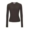 Camiseta de Algodón Puro Estilo Americano Hombro Recto Color Sólido Manga Larga para Mujer Ropa Interior de Otoño Corte Ajustado Diseño Favorecedor Top