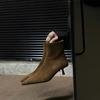Botas Finas de Camurça Francesa Estilo Novo 2025, Botas de Cano Curto e Botas de Tornozelo, Salto Fino, Salto Alto, Bico Fino, Botas Curtas Elásticas para Mulheres