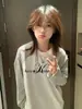 Camiseta de Manga Larga Raglán con Estampado de Letras Americanas y Rayas en Contraste para Mujer en Primavera y Otoño Holgada Casual Moda Versátil