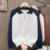 Suéter Masculino Novo com Gola Meio-Zíper Outono/Inverno 2026, Estilo Coreano Solto Casual Tricô Pulôver Color-Block com Patchwork
