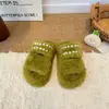 Zapatos Peludos con Lazo de Perlas para Mujer 2026 Otoño/Invierno Nuevo Estilo Exterior Punta Redonda Slip-on Suela Gruesa Zapatos de Algodón Peludos Perezosos