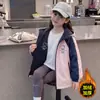 Jaqueta corta-vento infantil color block para meninas, Outono/Inverno, Dupla face, Forrada com fleece, Espessura média, Bloqueio de cores, Novo estilo de agasalho 2026
