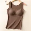 Camisola térmica de lã e seda para mulheres, leve e quente para outono e inverno, justa ao corpo, camada base geradora de calor, com bojo embutido no peito, top sem mangas