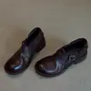 Versão Pronta ~ Mocassins de Couro Bovino Lavado com Fivela Retro para Mulheres, Bico Redondo Salto Grosso, Sapatos Pequenos de Couro Estilo Britânico, Sapatilhas para Mulheres