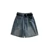 Shorts de ganga rasgados em formato de pera para mulheres, estilo fino de verão, tamanho grande, cintura alta, que cobrem o quadril, corte em A, perna larga, comprimento até o joelho
