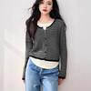 Jersey de Punto Falso de Dos Piezas con Rayas de Color Contrastante para Mujer en Otoño e Invierno Talla Grande Delgado Camisa de Manga Larga Camisa Base Top Interior con Cordón
