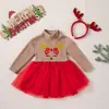 Vestido de Princesa de Natal para Meninas com Estampa de Rena, Gola Alta, Malha de Lã, Vestido de Natal Infantil