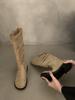 Botas Longas Femininas Khaki Retrô com Salto Grosso, Botas de Cavaleiro Altas, Botas Slim, Botas Western Cowboy de Verão, Botas Enrugadas
