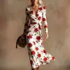 Vestido Transfronteiriço Novo Estilo com Decote em V e Mangas Longas com Elementos de Impressão Digital 3D, Saia Fashion e Personalizada para Marcar a Cintura Feminina