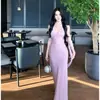 Comércio Exterior Roupas Femininas Foto Real Vestido Rosa com Laço na Cintura Sem Mangas Decote V Justo no Corpo Saia Longa Cauda de Peixe