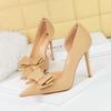 626-H2 Estilo Coreano Moda Dulce Tacones Altos de Aguja Tacones Super Altos Boca Baja Punta Afilada Recortes Laterales Moño Flats para Mujer