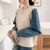 Novo suéter de gola redonda com detalhes nas mangas em jeans, moda outono e inverno, caimento solto, suéter de tricô com um estilo casual e descontraído estiloso