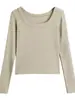 Camiseta de manga larga ajustada con cuello en U para mujer, tejido de canalé, adelgazante, estilo corto, versátil para superponer, color liso, top para mujer