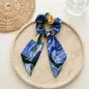 Anillo para el Cabello de Cinta con Lazo para Mujer, Anillo para el Cabello de Intestino Grueso Grande, Diadema Floral de Satén con Pintura al Óleo, Diadema, Goma Elástica, Cuerda para el Cabello Estampada Vintage, Accesorios para el Cabello