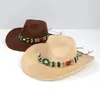 Estilo Étnico Sombrero de Vaquero Occidental Retro Protección Solar al Aire Libre Sombrero Transfronterizo con Cuentas Sombrero de Gamuza de Ala Ancha para Mujer