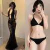 2026 Nuevo Sexy Encaje Profundo Escote en V Espalda Descubierta Transparente Vestido de Playa Vacaciones en Isla Bikini Conjunto de Tres Piezas