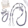 Lujoso y de Alta Gama Cadena Larga de Cordón Cruzado con Perlas de Cristal y Osito Full Diamante Cadena para Colgar en el Cuerpo Funda de Teléfono Bolso Colgante Universal para Mujeres