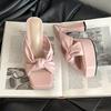 Moda Elegante Lazo Zapatillas de Tacón Grueso para Mujer Verano Retro Francés Aumento de Altura Adelgazantes Sandalias de Tacón Alto