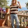 26 Suéter de Tricô Listrado Vazado Moda Casual Feminina Primavera Novo Peça de Exterior Top de Comprimento Médio
