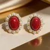 Pendientes Ovalados de Perla Turquesa Estilo Retro de Hong Kong Estilo Étnico Pendientes Versátiles de Moda Lujo Ligero Pendientes de Alta Gama para Mujer