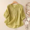 Elegante top de manga corta de patchwork de organza y algodón-lino con cuello en V, nueva camiseta versátil y elegante bordada de verano para mujer