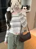 Camiseta de manga comprida com retalhos de renda listrada para mulheres, estilo fino de verão, modeladora, solta, casual, para baixinhas, curta, proteção solar