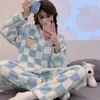 Corea2025 Otoño e Invierno Pijama de Terciopelo Coral para Niñas Cuadros Gato de Dibujos Animados Chica Suave Engrosado Cálido Ropa para el Hogar