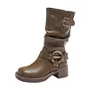2026 Novo Estilo Botas Longas Estilo Britânico Botas Femininas Fivela Retro Ocidentais Botas de Salto Alto Salto Grosso Botas de Cowboy Celebridade da Internet Cavaleiro
