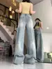 Jeans Azul Retro Americano de Cintura Alta e Perna Larga para Mulheres, Estilo Fino de Verão, 2026 Corte Solto, Calça Reta Afunilada Rasgada Emagrecedora